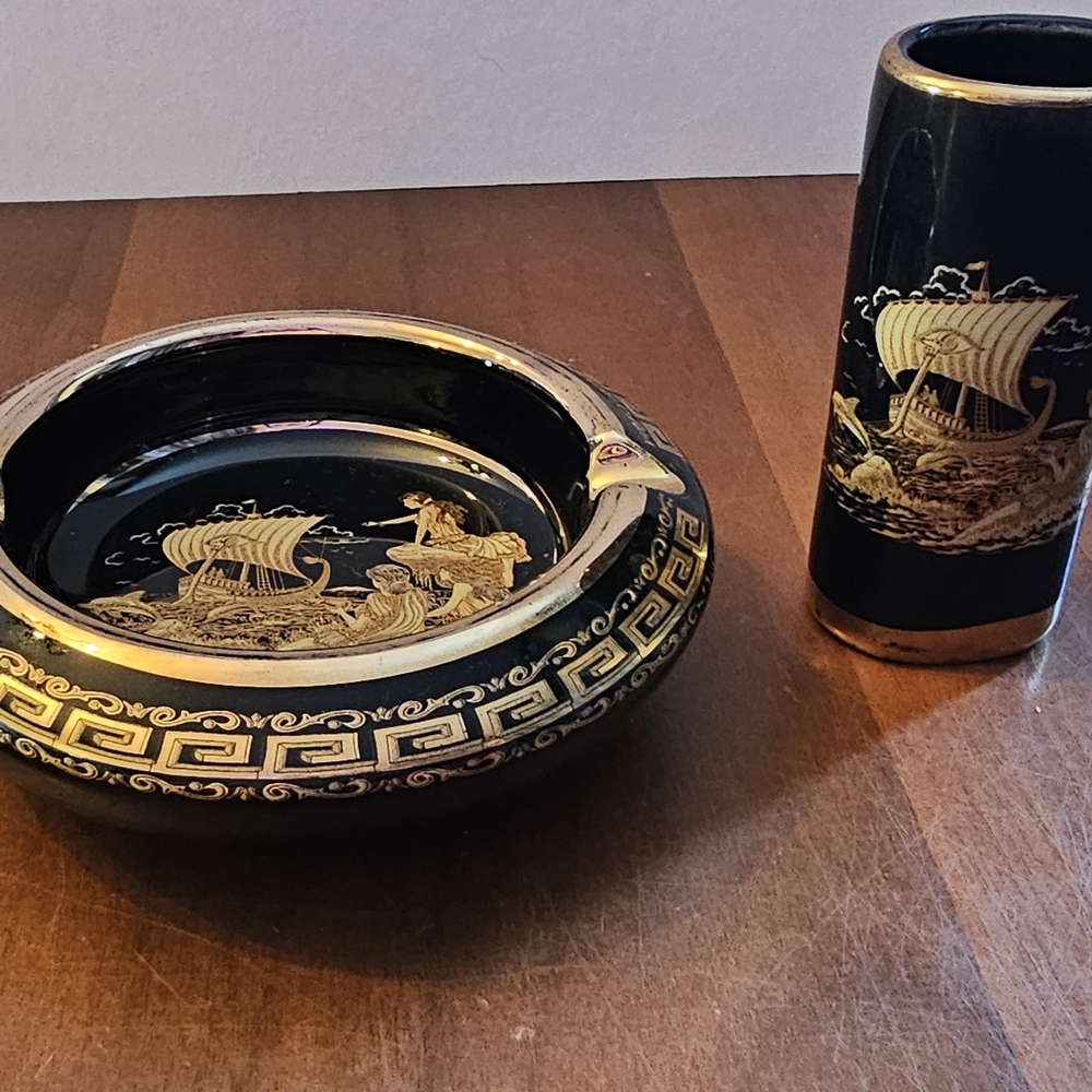 Vintage Greek Black and Gold Ceramic Set